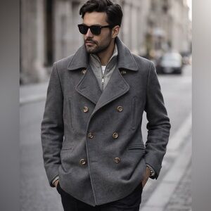 Alfred Sung Grey Wool Blend Peacoat | Men’s XXL | Double Breasted Winter Coat